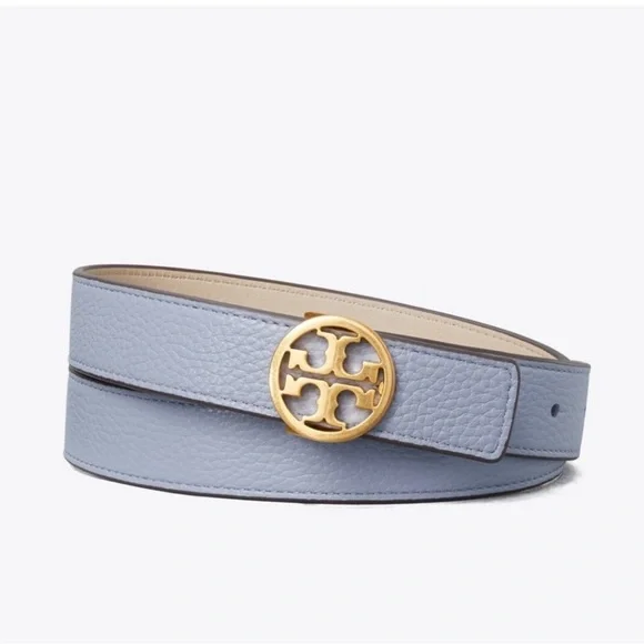 Tory Burch 1" wide Reversible Double T Belt Blue Beige Cloud Blue Longan Gold - Picture 2 of 9